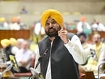 Punjab chief minister Bhagwant Mann addressing the House on the last day of monsoon session on Monday. (Ravi Kumar/ HT)