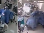 Snippets from a video showing two doctors saving a patient.