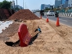 The latest damage took place near SD Adarsh School, where the road has suffered repeated collapses linked to the ageing sewer pipeline. (HT Photo)