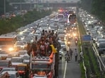 Vehicles move bumper-to-bumper on the Delhi-Gurugram Expressway amid the Dak Kanwar Yatra ahead of Shivratri. 