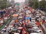 Vehicles stuck in traffic amid the 'Kanwar Yatra' pilgrimage, in Haridwar, Uttarakhand