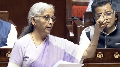 Union Finance Minister Nirmala Sitharaman speaks in Rajya Sabha during the Monsoon session of Parliament in New Delhi. (Sansad TV) Union Finance Minister Nirmala Sitharaman speaks in Rajya Sabha during the Monsoon session of Parliament in New Delhi. (Sansad TV)