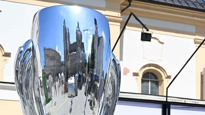 A giant replica of the UEFA Super Cup trophy is pictured at a fan area in the city centre of Salzburg, Austria. (AFP) A giant replica of the UEFA Super Cup trophy is pictured at a fan area in the city centre of Salzburg, Austria. (AFP)