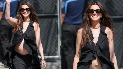 Anne Hathaway showed off her baby bump in an all-black look on Jimmy Kimmel Live!