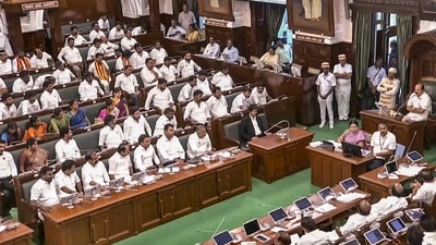 A debate over TVK government's electoral promises quickly turned personal as members traded barbs over changing political allegiances. (PTI) A debate over TVK government's electoral promises quickly turned personal as members traded barbs over changing political allegiances. (PTI)