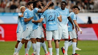 Manchester City's Rayan Ait Nouri celebrates scoring their first goal with teammates (REUTERS)