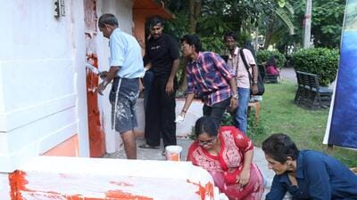 The ticket counter was originally painted terracotta. Now it is white. (HT Photo/ Samir Jana)