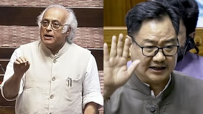 While Jairam Ramesh alleged that “those who intimidate are themselves cowards”, union parliamentary affairs minister Kiren Rijiju responded saying Shah was “ready” with a reply. (Sansad TV via PTI) While Jairam Ramesh alleged that “those who intimidate are themselves cowards”, union parliamentary affairs minister Kiren Rijiju responded saying Shah was “ready” with a reply. (Sansad TV via PTI)