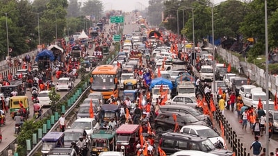 Vehicles stuck in traffic amid the 'Kanwar Yatra' pilgrimage, in Haridwar, Uttarakhand (PTI) Vehicles stuck in traffic amid the 'Kanwar Yatra' pilgrimage, in Haridwar, Uttarakhand (PTI)