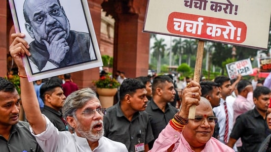 Parliament monsoon session LIVE: NDA and Congress MPs hold counter-protests against each other at Parliament during the ongoing Monsoon Session, in New Delhi on Tuesday Parliament monsoon session LIVE: NDA and Congress MPs hold counter-protests against each other at Parliament during the ongoing Monsoon Session, in New Delhi on Tuesday