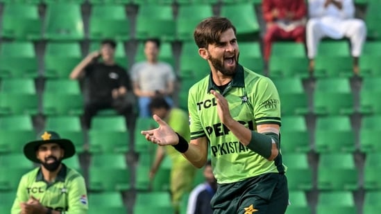 Pakistan's captain Shaheen Shah Afridi celebrates after taking a wicket. 