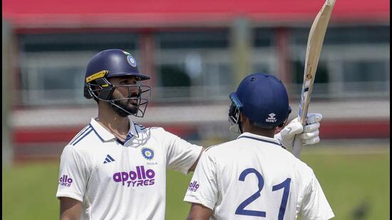 In this image received on June 28, 2026, India's Devdutt Padikkal celebrates his half century on day four of the unofficial Test series between India A and Sri Lanka A in the Tri-Nation A Series, in Galle. (SLC)
