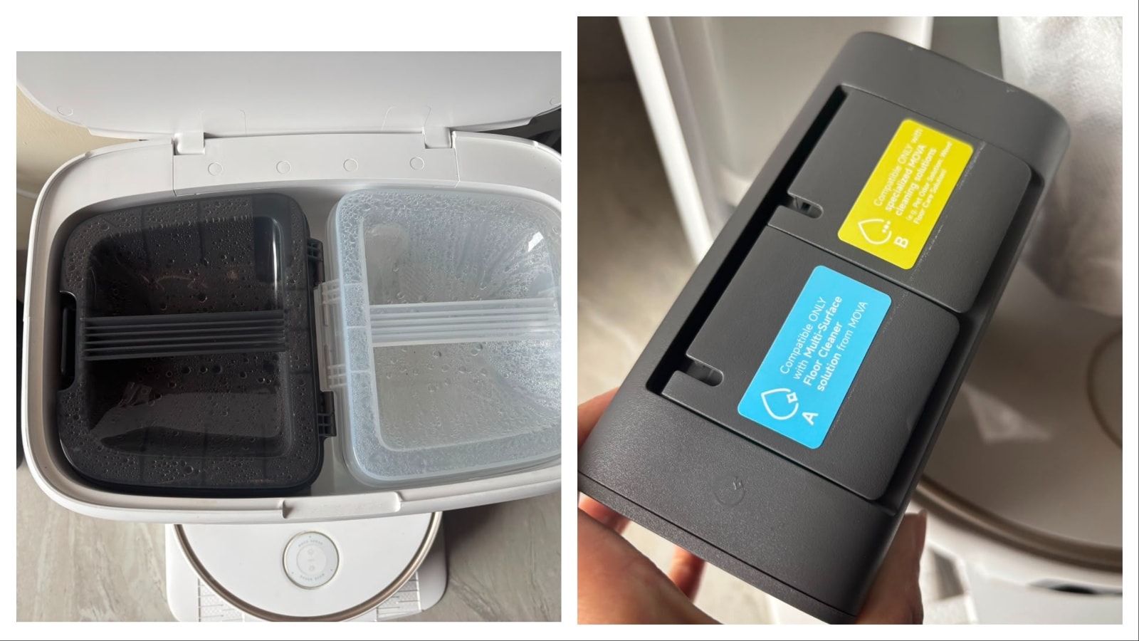 Dirty water tank and clean water tank / 2 separate containers for floor cleaning solutions. (Aishwarya Faraswal) Dirty water tank and clean water tank / 2 separate containers for floor cleaning solutions. (Aishwarya Faraswal)