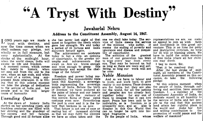 Late Prime Minister Jawaharlal Nehru's speech 'Tryst with Destiny', published by HT when India marked 25 years of Independence. (HT Archive) Late Prime Minister Jawaharlal Nehru's speech 'Tryst with Destiny', published by HT when India marked 25 years of Independence. (HT Archive)