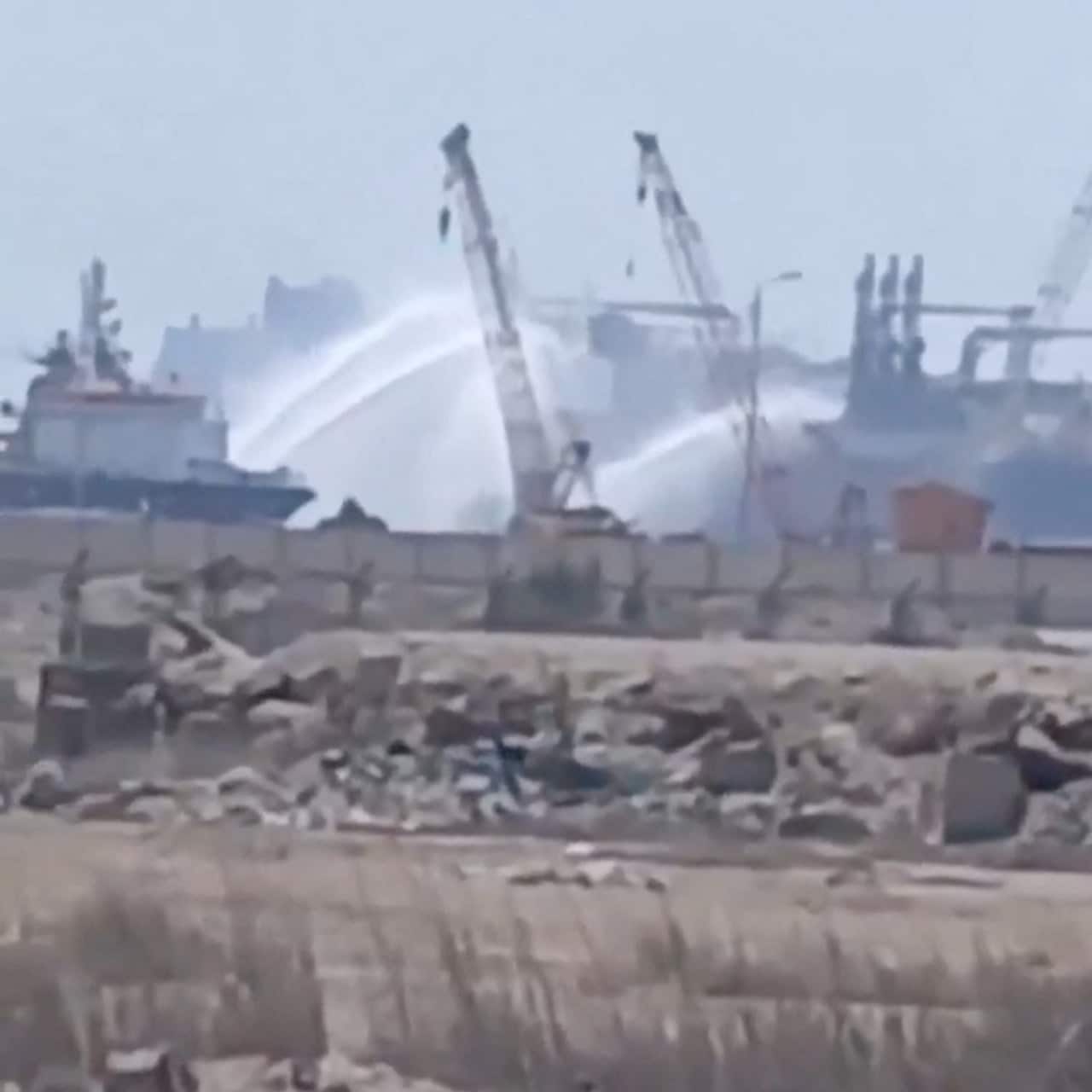 The aftermath of a drone strike on the Egyptian port of Damiatta, in the eastern Mediterranean. The aftermath of a drone strike on the Egyptian port of Damiatta, in the eastern Mediterranean.