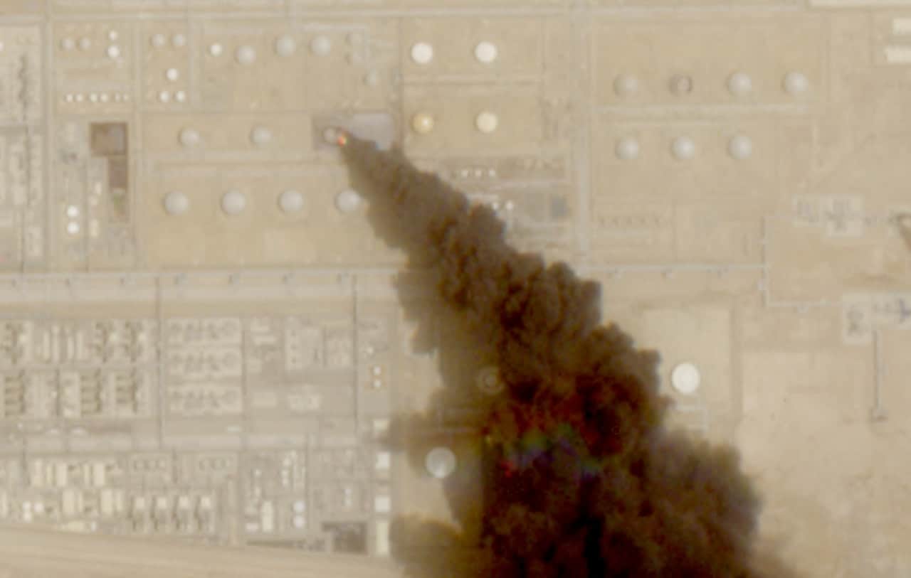 A satellite image showing smoke rising from an oil facility in Jizan, Saudi Arabia, last month. A satellite image showing smoke rising from an oil facility in Jizan, Saudi Arabia, last month.