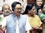 Union Minister Kiren Rijiju speaks in the Rajya Sabha during the Monsoon session of Parliament