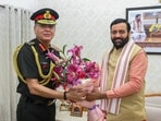 Haryana chief minister Nayab Saini welcomes Army Chief General Dhiraj Seth in Chandigarh on Tuesday. (@NayabSainiBJP)