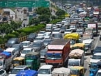 Massive traffic jam seen over outer Ring Road near Wazirabad in New Delhi on Wednesday. (Sanchit Khanna/HT PHOTO)