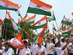 Students participated in the ‘Tiranga Yatra’ at Kartavya Path in New Delhi on Wednesday. (Vipin Kumar/HT PHOTO)