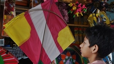 Makar Sankranti 2025: A kid is seen in the Thane market buying kites for the upcoming Makar Sankranti festival. (Praful Gangurde /HT Photo)