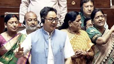 Union Minister Kiren Rijiju speaks in the Rajya Sabha during the Monsoon session of Parliament (Sansad TV/ANI) Union Minister Kiren Rijiju speaks in the Rajya Sabha during the Monsoon session of Parliament (Sansad TV/ANI)