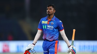 Delhi Capitals Abishek Porel walks off after losing his wicket to the bowling of Rajasthan Royals' Brijesh Sharma (REUTERS)