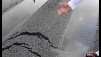 Many stretches have developed depressions and potholes, while patchwork carried out after initial failures has itself come under scrutiny. At some places, water has seeped around 18 feet deep, affecting the strength of the road. (Sourced) Many stretches have developed depressions and potholes, while patchwork carried out after initial failures has itself come under scrutiny. At some places, water has seeped around 18 feet deep, affecting the strength of the road. (Sourced)