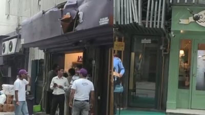NDMC launched an anti-encroachment drive to remove 'oversized' signages in Khan Market on Monday. (ANI videograb) NDMC launched an anti-encroachment drive to remove 'oversized' signages in Khan Market on Monday. (ANI videograb)