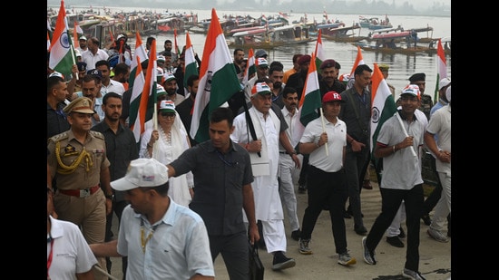 Jammu and Kashmir Lt. Governor Manoj Sinha during a Tiranga Rally in Srinagar on Wednesday. (Waseem Andrabi/HT)