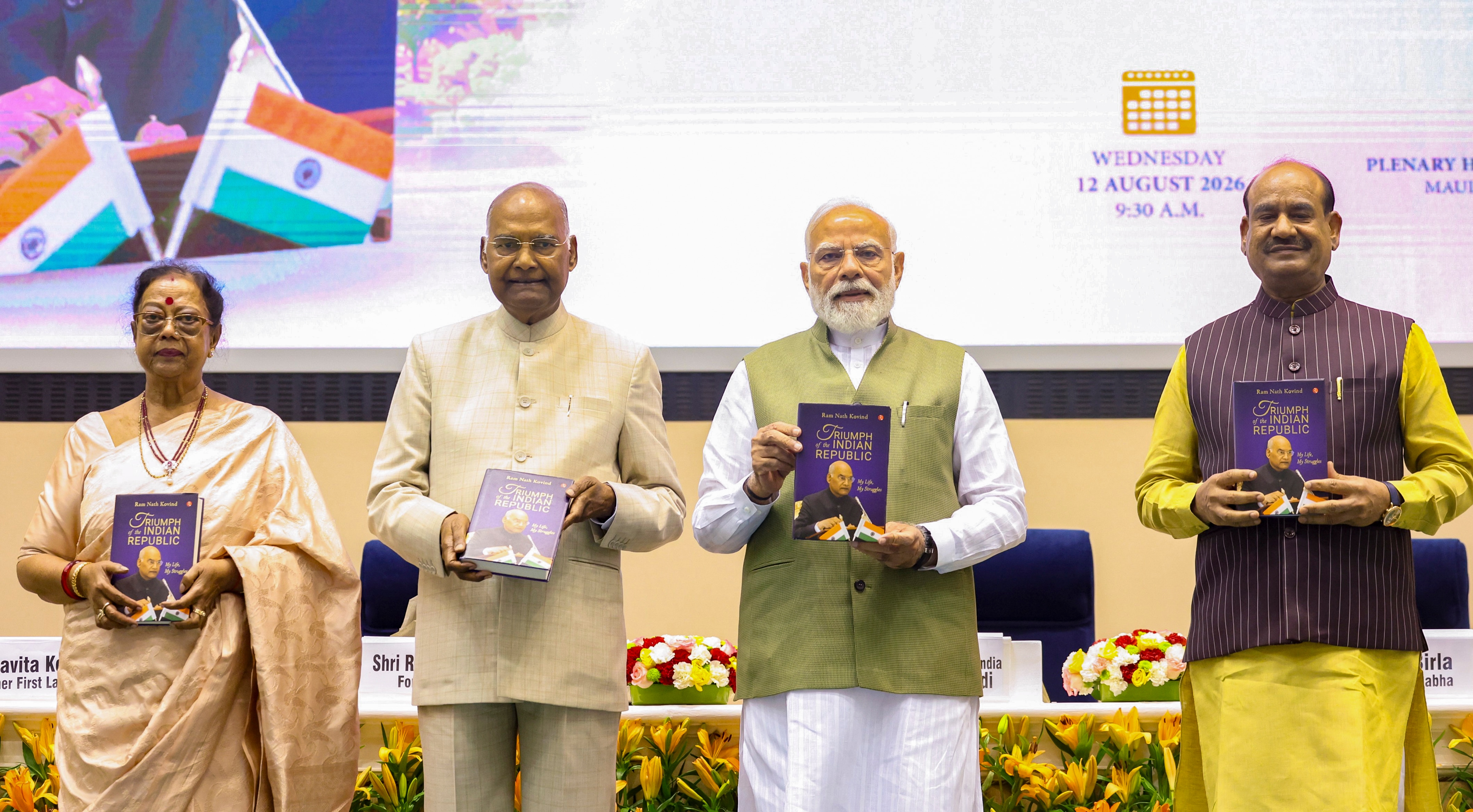 Prime Minister Narendra Modi with former president Ram Nath Kovind, Lok Sabha Speaker Om Birla, and others, during the launch of Kovind's autobiography, 'Triumph of the Indian Republic: My Life, My Struggles.' (PMO) Prime Minister Narendra Modi with former president Ram Nath Kovind, Lok Sabha Speaker Om Birla, and others, during the launch of Kovind's autobiography, 'Triumph of the Indian Republic: My Life, My Struggles.' (PMO)