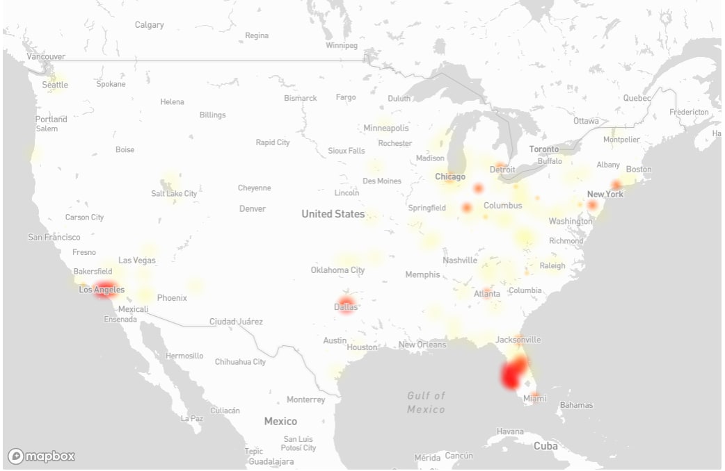 Screenshot of map showing Frontier outages across the US. (Downdetector) Screenshot of map showing Frontier outages across the US. (Downdetector)