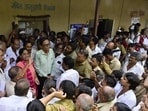 Long queues were seen at the Tardeo RTO on Wednesday, with auto and taxi drivers waiting to give a Marathi proficiency test. (Anshuman Poyrekar/HT Photo)