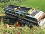 The bus that overturned in Lakhimpur Kheri on Wednesday. (HT)