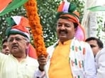 Uttar Pradesh deputy CM Keshav Prasad Maurya along with other BJP leaders leading Tiranga Yatra in Prayagraj on August 13. (Anil K Maurya/HT)