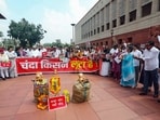 Opposition MPs stage a protest against the alleged theft of Ram Temple donations, at Parliament premises in New Delhi on Thursday.