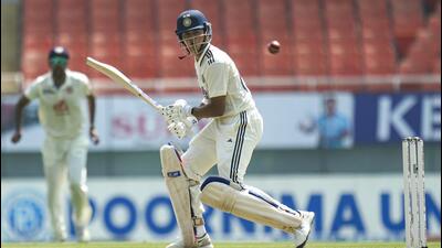 File image of Yashasvi Jaiswal plays a shot on day one of a Test cricket match between India and Afghanistan, in Mullanpur, Saturday. (PTI) File image of Yashasvi Jaiswal plays a shot on day one of a Test cricket match between India and Afghanistan, in Mullanpur, Saturday. (PTI)