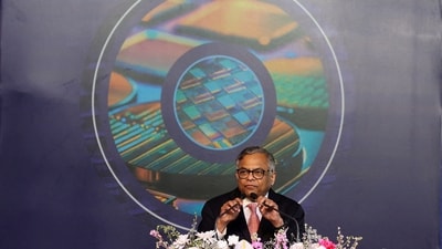 N Chandrasekaran, Chairman, Tata Sons speaks during the foundation stone laying ceremony for India's First AI-enabled Semiconductor Fab manufacturing facilities in Dholera, Gujarat, India, March 13, 2024. (REUTERS)