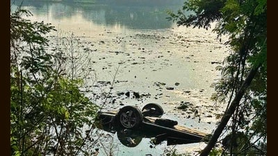 The car that plunged into a village pond in Bassian village, killing three of the occupants in Ludhiana on Thursday. (HT) The car that plunged into a village pond in Bassian village, killing three of the occupants in Ludhiana on Thursday. (HT)