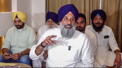 hiromani Akali Dal (SAD) leader Bikram Singh Majithia addresses a press conference after an attack on the party chief and former Punjab deputy chief minister Sukhbir Singh Badal, in Amritsar, Punjab, Thursday. (PTI)