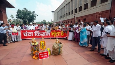 Opposition MPs stage a protest against the alleged theft of Ram Temple donations, at Parliament premises in New Delhi on Thursday. (Naveen Sharma) Opposition MPs stage a protest against the alleged theft of Ram Temple donations, at Parliament premises in New Delhi on Thursday. (Naveen Sharma)