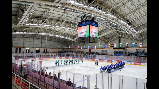 Built at a cost of approximately <span class='webrupee'>₹</span>42 crore, the state-of-the-art rink is equipped with a 24x7 chilling facility, enabling ice hockey players to train throughout the year, irrespective of the natural weather conditions. (@lg_ladakh)