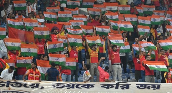 East Bengal fans with the Tricolour at the AFC Champions League 2 qualifier against Kuwait’s Al Arabi SC on Wednesday.