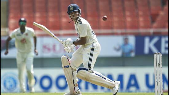 File image of Yashasvi Jaiswal plays a shot on day one of a Test cricket match between India and Afghanistan, in Mullanpur, Saturday. (PTI)