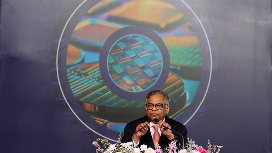 N Chandrasekaran, Chairman, Tata Sons speaks during the foundation stone laying ceremony for India's First AI-enabled Semiconductor Fab manufacturing facilities in Dholera, Gujarat, India, March 13, 2024.