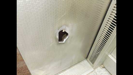 The bullet marks seen inside the lift.