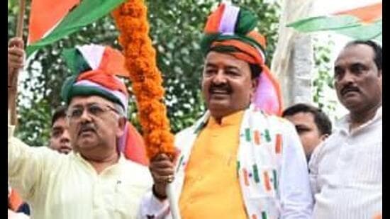 Uttar Pradesh deputy CM Keshav Prasad Maurya along with other BJP leaders leading Tiranga Yatra in Prayagraj on August 13. (Anil K Maurya/HT)