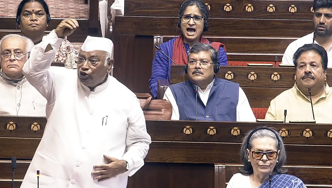 Rajya Sabha LoP Mallikarjun Kharge speaks in the Rajya Sabha during the Monsoon session of Parliament. (Sansad TV) Rajya Sabha LoP Mallikarjun Kharge speaks in the Rajya Sabha during the Monsoon session of Parliament. (Sansad TV)