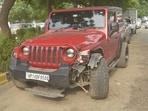 A speeding car rammed into a Dial 112 PRV motorcycle from behind late Wednesday night, killing Home Guard and injuring constable Praveen near crossing ,in Ghaziabad(Sakib Ali / Hindustan Times)