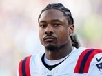 FILE - New England Patriots wide receiver Stefon Diggs walks off the field before the NFL Super Bowl 60 football game against the Seattle Seahawks, Feb. 8, 2026, in Santa Clara, Calif. (AP Photo/Julio Cortez, File)